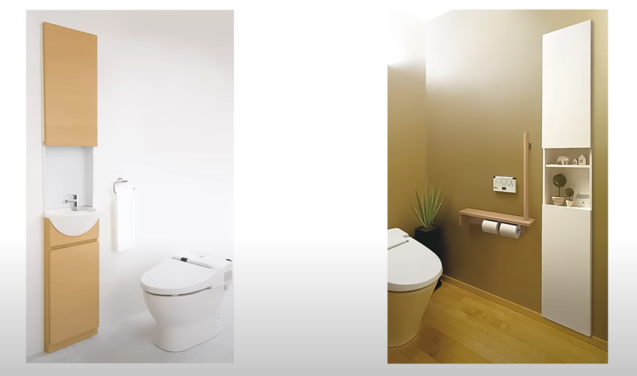 ロータンク型トイレの1階には住友林業クレストの洗面台、分離型タンク式トイレの2階には住友林業クレストの収納が標準で付く