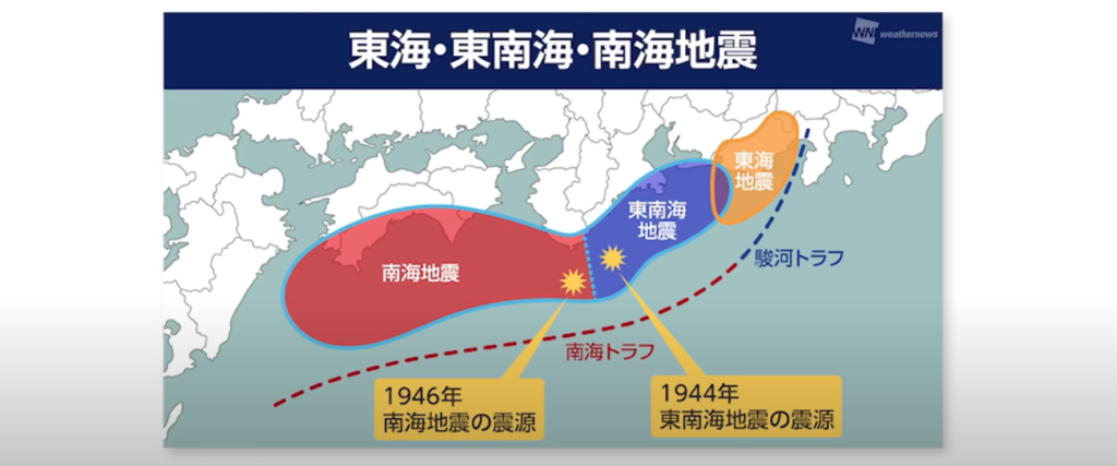 東海地震、東南海地震、南海地震という3つの巨大地震が発生すると予測