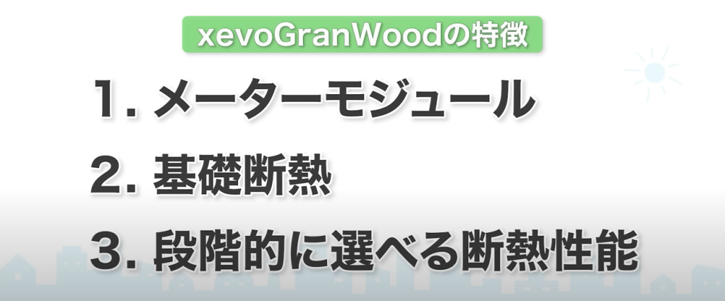 xevoGranWood(ジーヴォ グランウッド)の特徴
メーターモジュール
基礎断熱
段階的に選べる断熱性能

