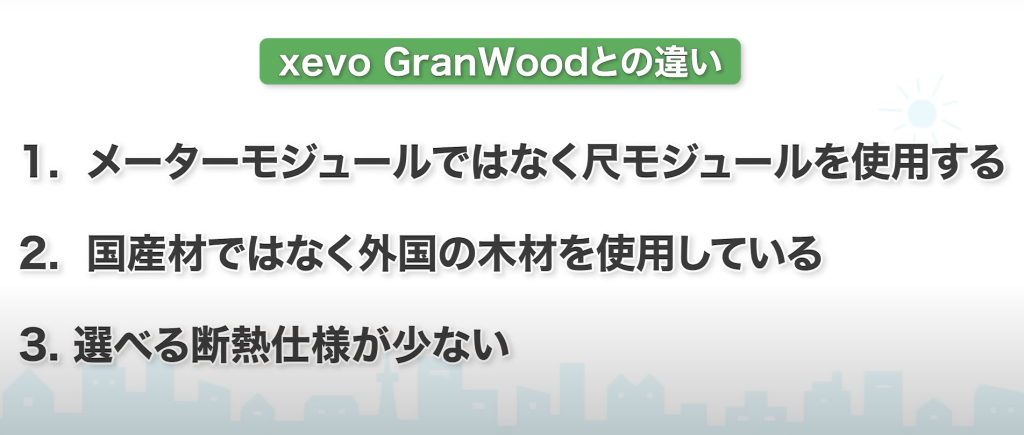 xevo GranWoodとの違い
・メーターモジュールではなく、 尺モジュールを使用する
・国産材ではなく外国の木材を使用している
・xevo GranWoodと比較して選べる断熱仕様が少ない
