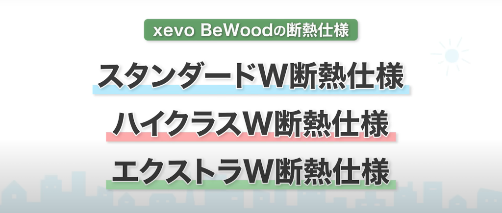 xevo BeWoodは
・	スタンダードW断熱仕様
・	ハイクラスW断熱仕様
・	エクストラW断熱仕様
