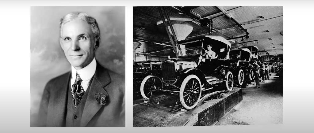 1908年にヘンリー・フォードが、ベルトコンベアや流れ作業を取り入れて自動車の大量生産を開始した
