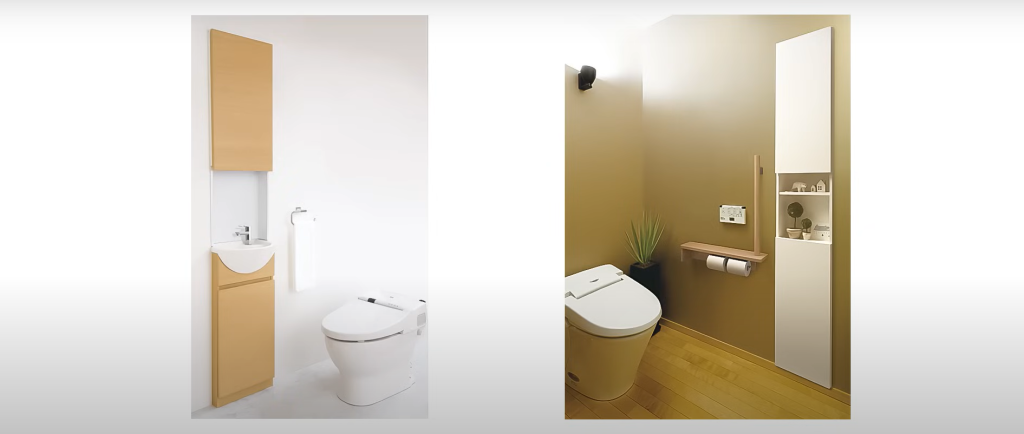 ロータンク型トイレの1階には住友林業クレストの洗面台、分離型タンク式トイレの2階には住友林業クレストの収納が標準でつく
