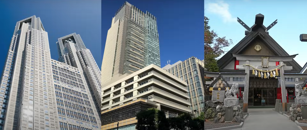 東京都庁、東京ミッドタウン、富士山5合目に建つ小御嶽神社
