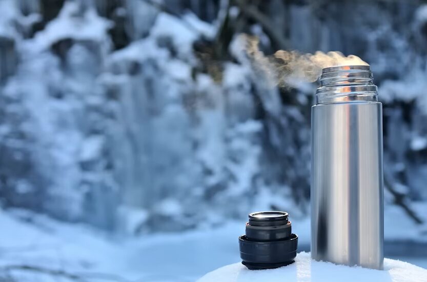 寒い外で湯気が出ている水筒