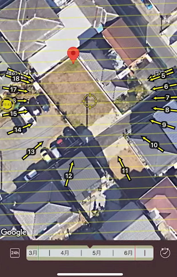建設地に対して1年間を通じてどの角度で日差しが入るのかがわかる