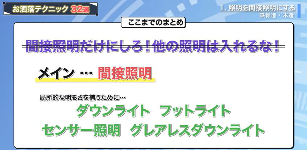 メインは間接照明で局地的な明るさを補うためにダウンライトなどを使う