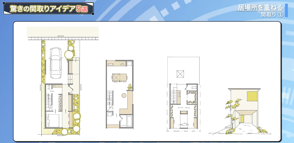 細長い3階建ての家の間取り