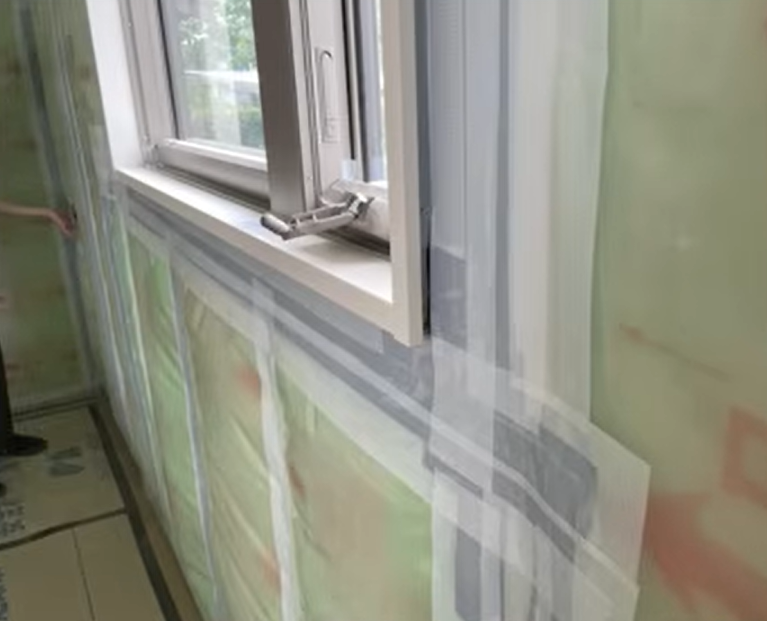 サッシ枠への気密シートおよび気密テープ処理