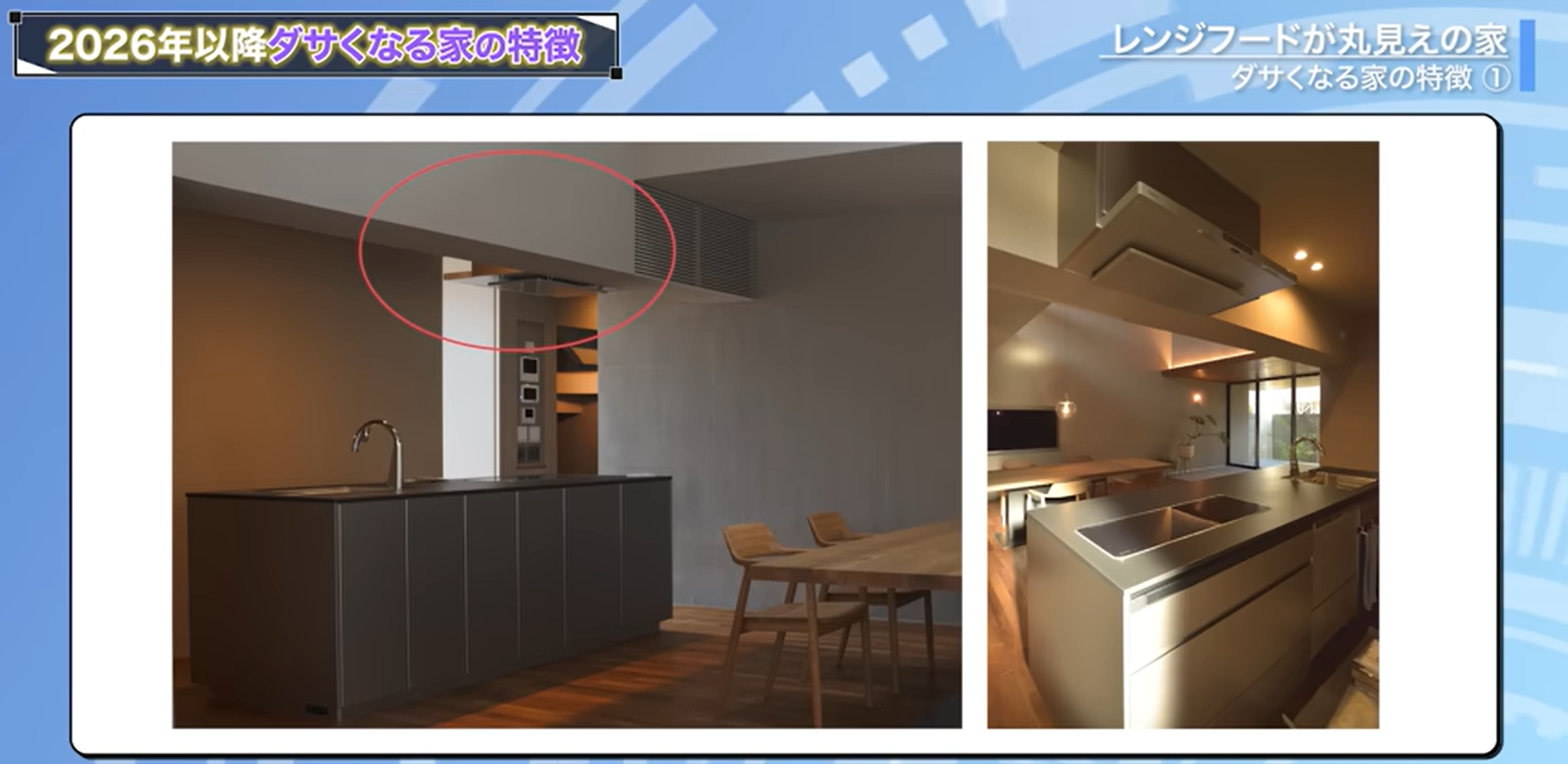 レンジフードの前に壁を設けて正面から見た時に見えないようにする