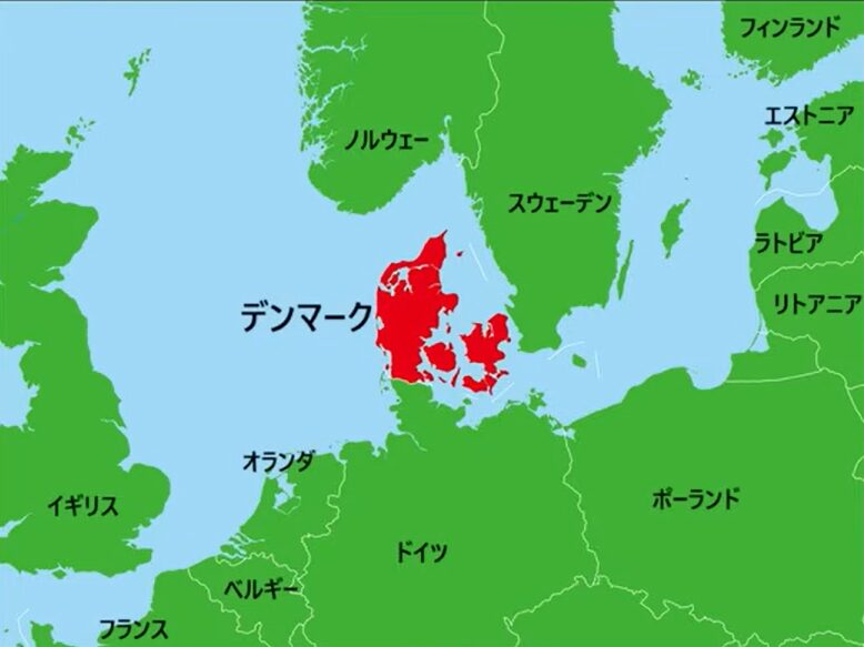 北欧の地図に赤く塗られて強調されたデンマーク