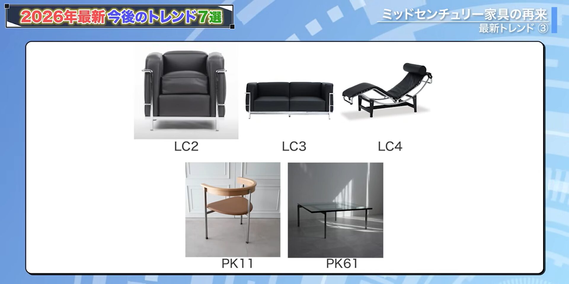 ル・コルビュジエのLC2、LC3、LC4、ポール・ケアホルムのPK11、PK61