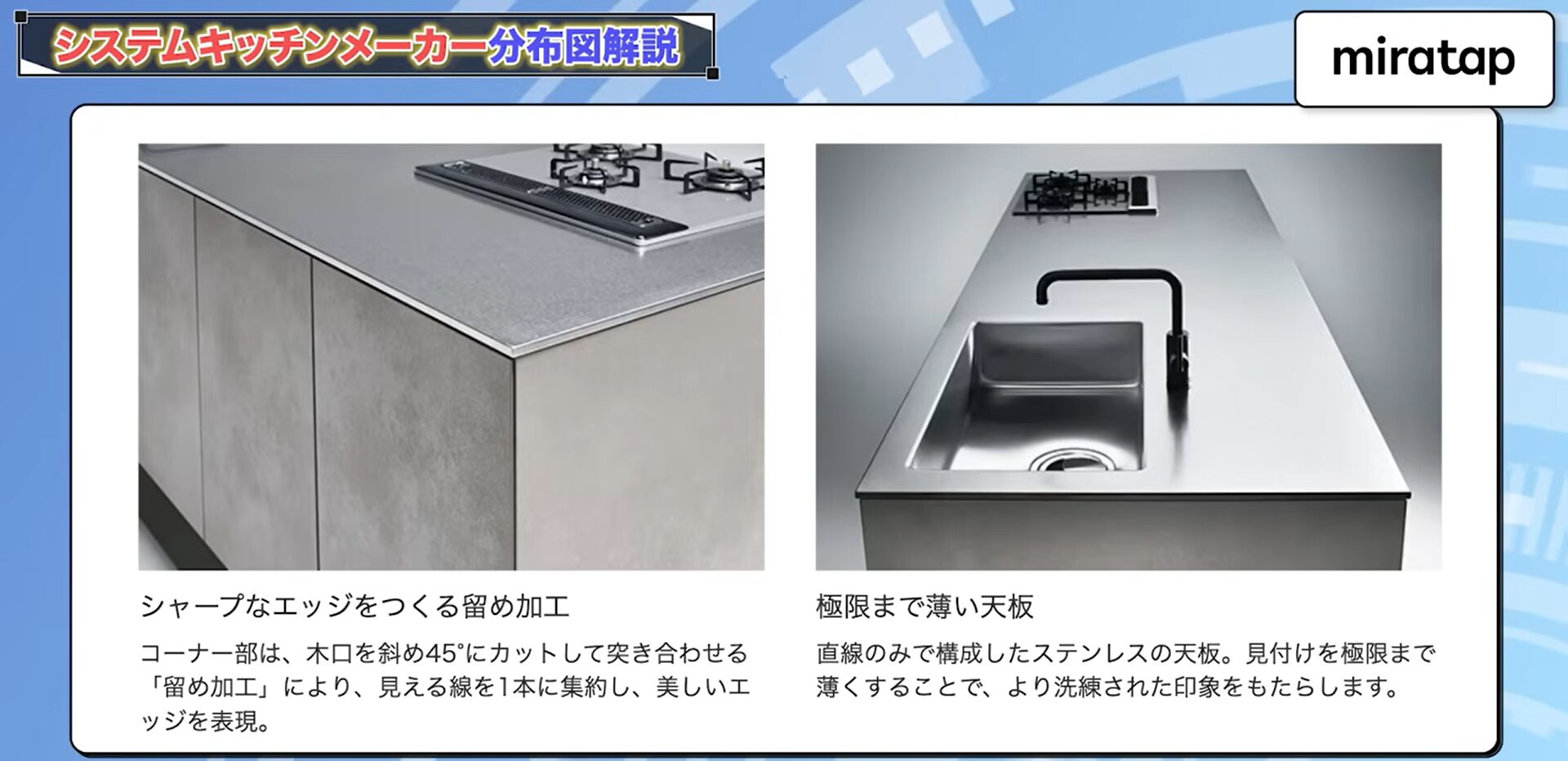 小口を斜め45°で付き合わせる留め加工で、見える線を1本に集約