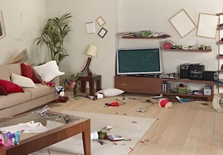 地震によって物が散乱した室内